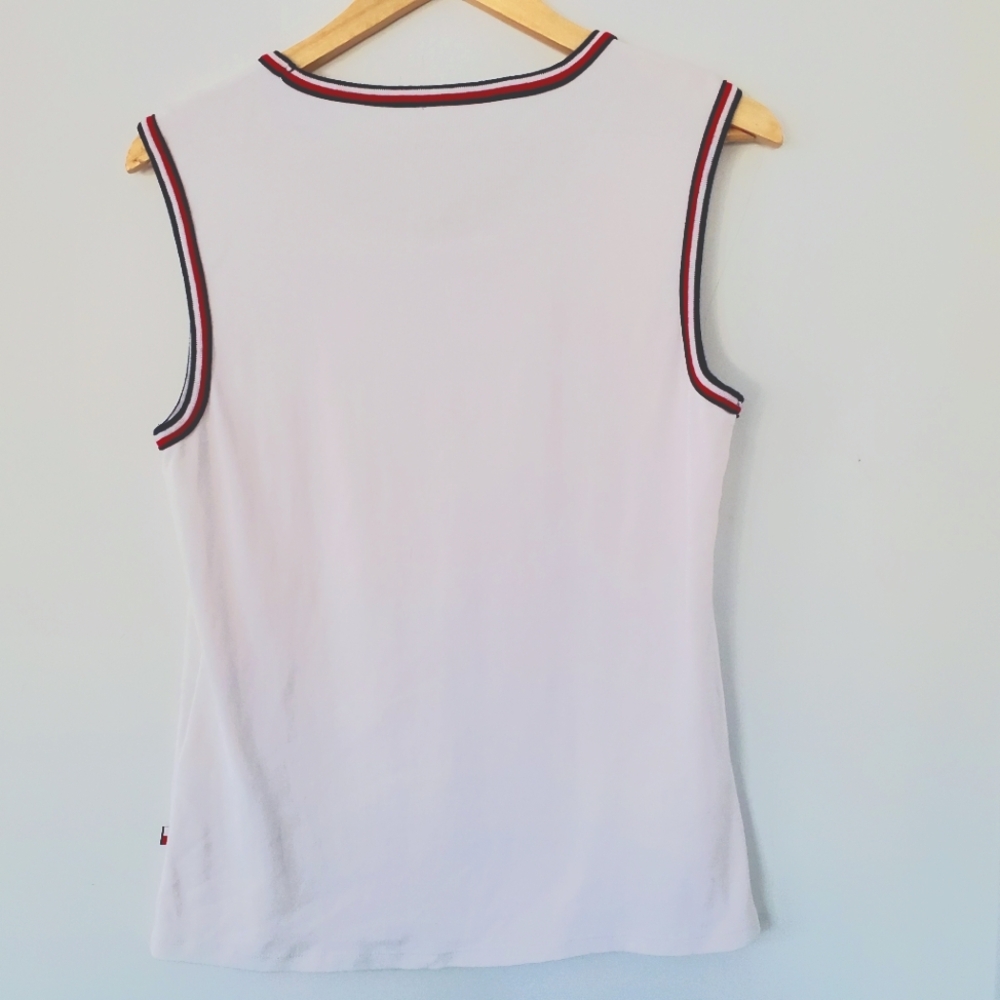 TOMMY HILFIGER Women L White Sleeveless Top Red White Blue Stripe Accent Preppy - Picture 7 of 12